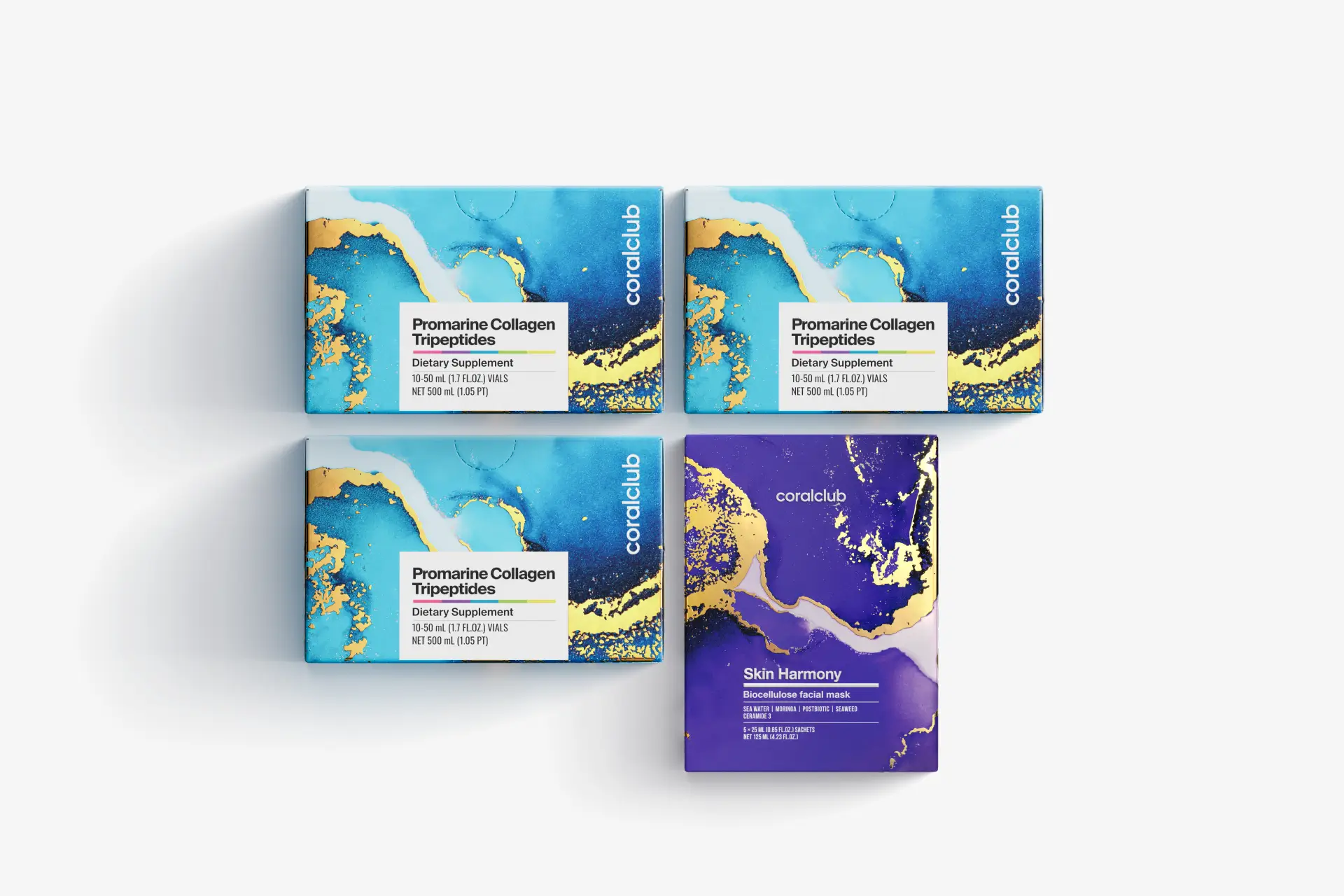 ערכת פרומרין טריפפטידים של קולגן (לתקופה של חודש) & מסכות ביו-צלולוז Skin Harmony לעור הפנים (5 אריזות אישיות)