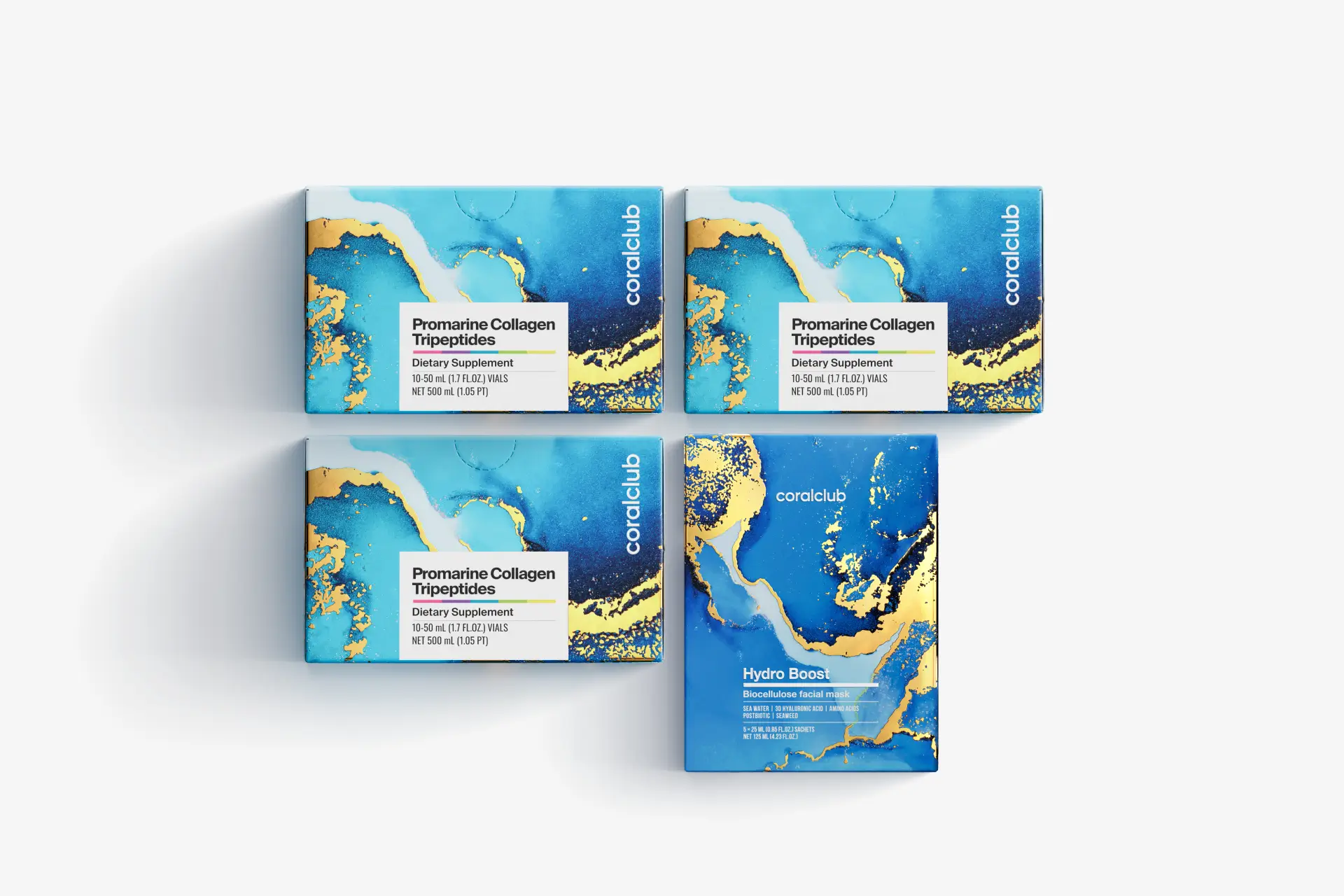 ערכת פרומרין טריפפטידים של קולגן (לתקופה של חודש) & מסכות ביו-צלולוז Hydro Boost לעור הפנים (5 אריזות אישיות)